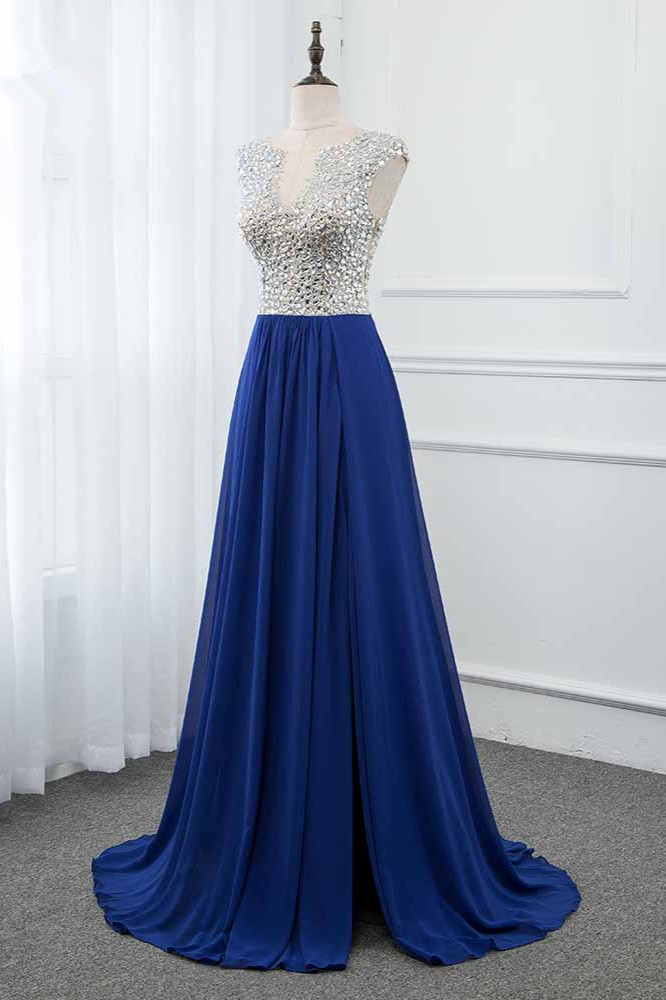 BMbridal Sparkly Chffon V-Neck Front Slit Royal Blue Prom Dresses with Beading Top