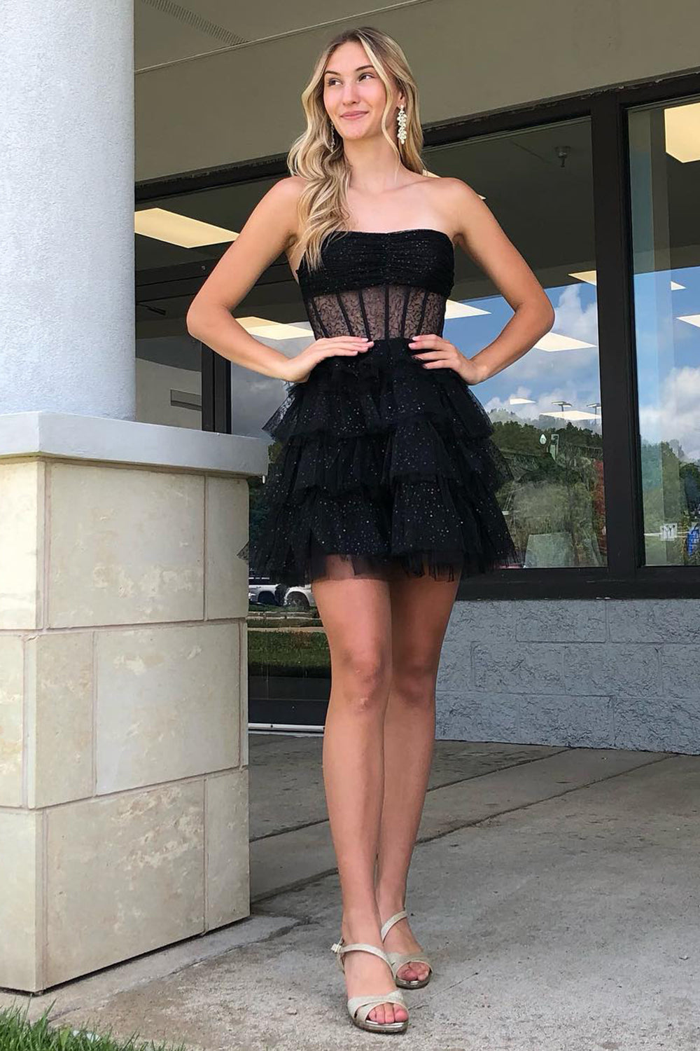 Glitter Black Corset Tiered A-Line Tulle Short Homecoming Dress-BMbridal