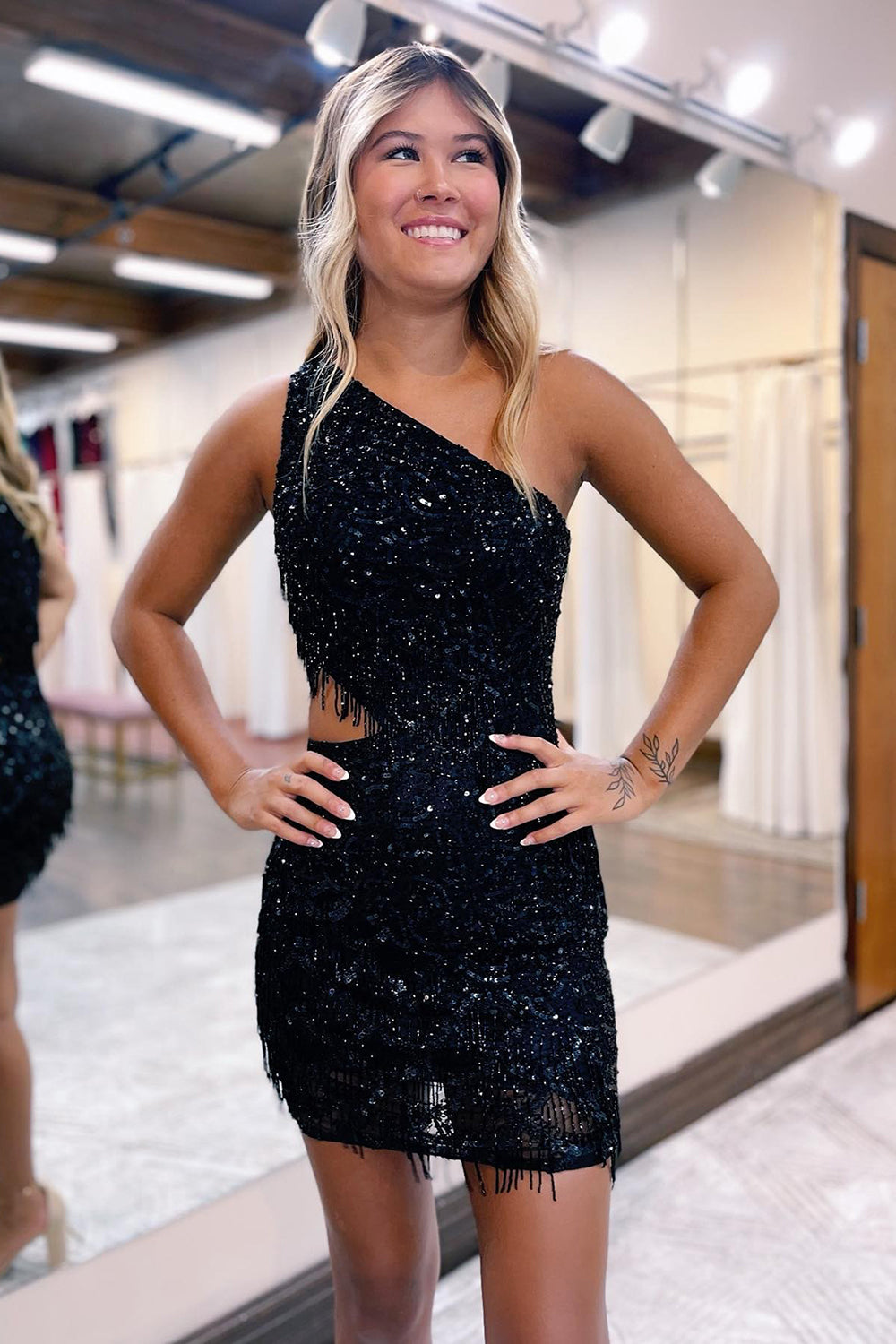 Sparkly Orange One Shoulder Sequins Cut Out Short Homecoming Dress with Fringes