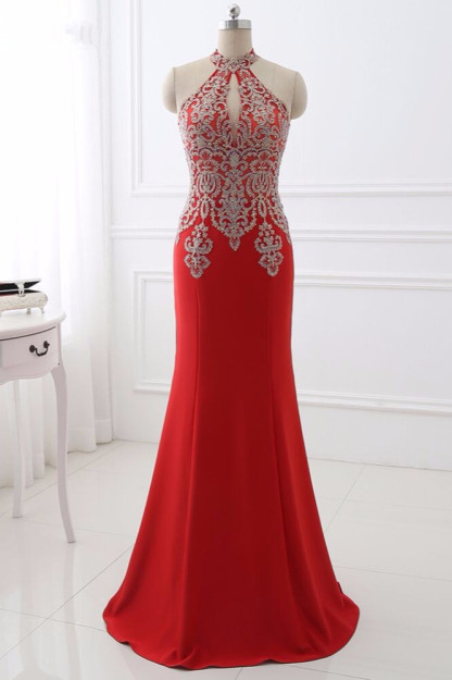 BMbridal Chic High-Neck Sleeveless Black Mermaid Prom Dresses with Appliques Beadings