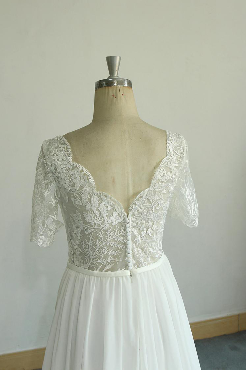 BMbridal Affordable Halfsleeves V-neck Chiffon Wedding Dresses White A-line Ruffles Bridal Gowns Online-BMbridal