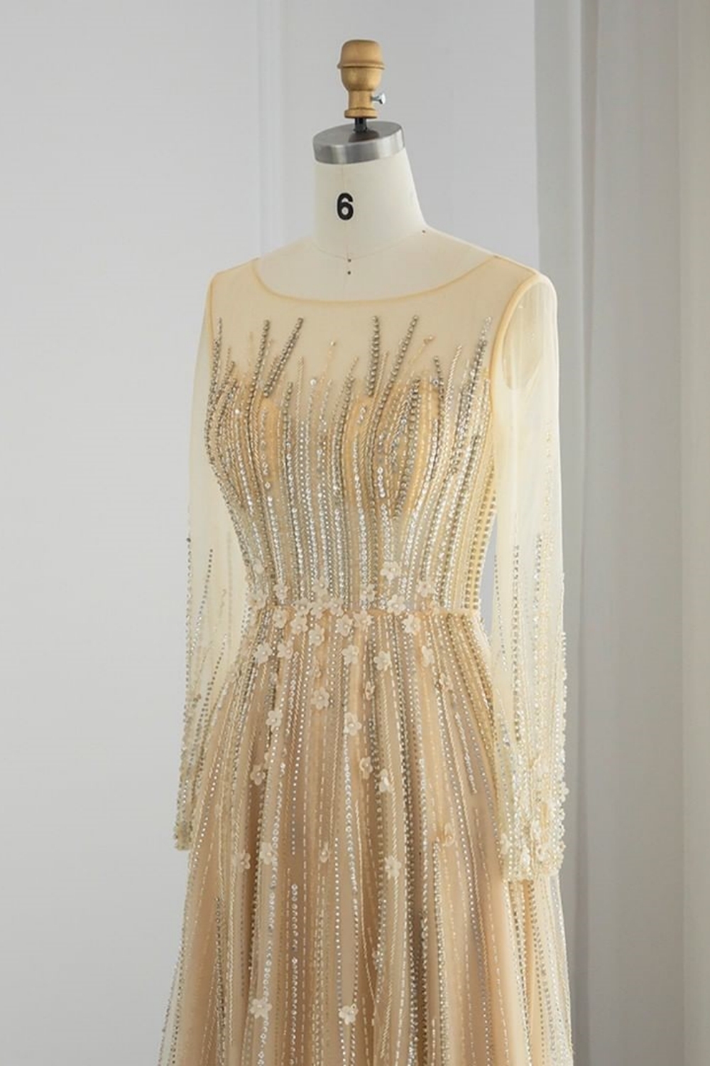 Bmbridal Champagne A-Line Long Sleeves Scoop Prom Dresses with Ruffles