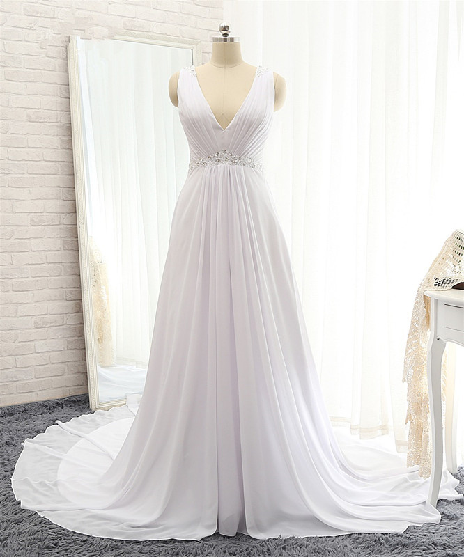 BMbridal Modest Straps V-neck Sleeveless Wedding Dresses White Chiffon Bridal Gowns Online