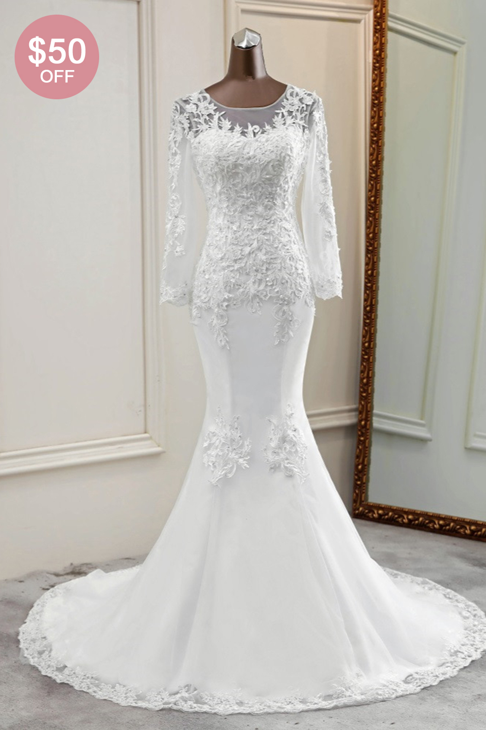 BMbridal Elegant Jewel Lace Mermaid White Wedding Dresses Long Sleeves Appliques Bridal Gowns