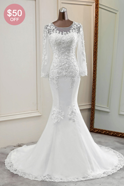 BMbridal Elegant Jewel Lace Mermaid White Wedding Dresses Long Sleeves Appliques Bridal Gowns