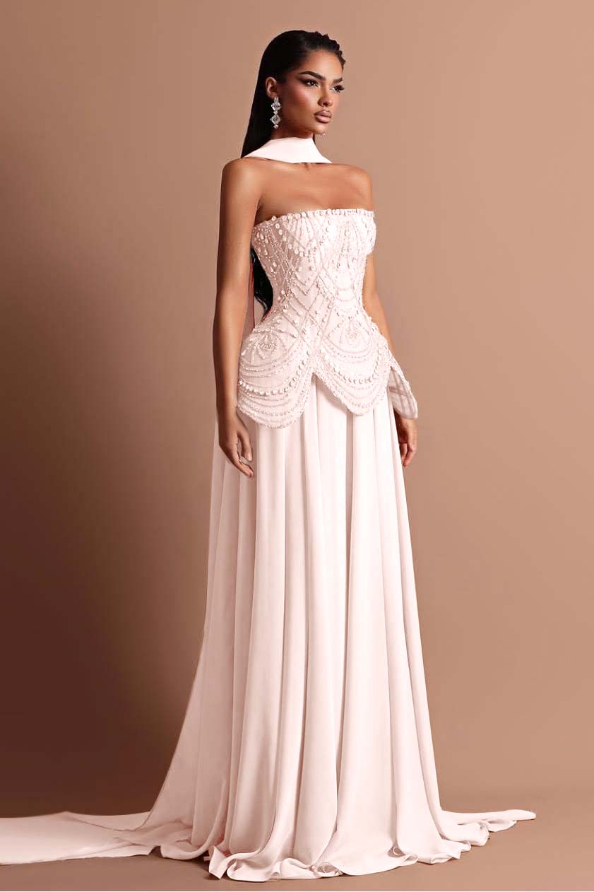 Strapless Sleeveless Long Prom Dress With Beading Pleated Wrap