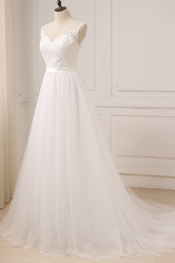 BMbridal Glamorous Tulle Sleeveless Jewel Wedding Dress White A-line Appliques Bridal Gowns On Sale