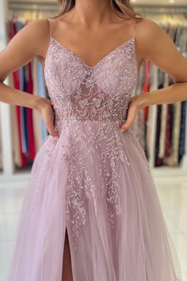 BMbridal Spaghetti-Straps Long Prom Dress Sleeveless Tulle With Beadings