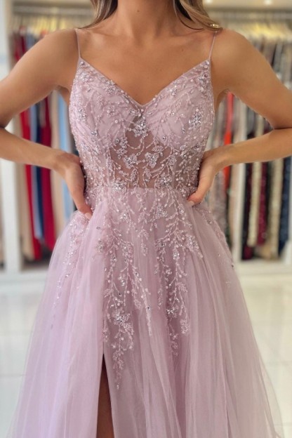 BMbridal Spaghetti-Straps Long Prom Dress Sleeveless Tulle With Beadings