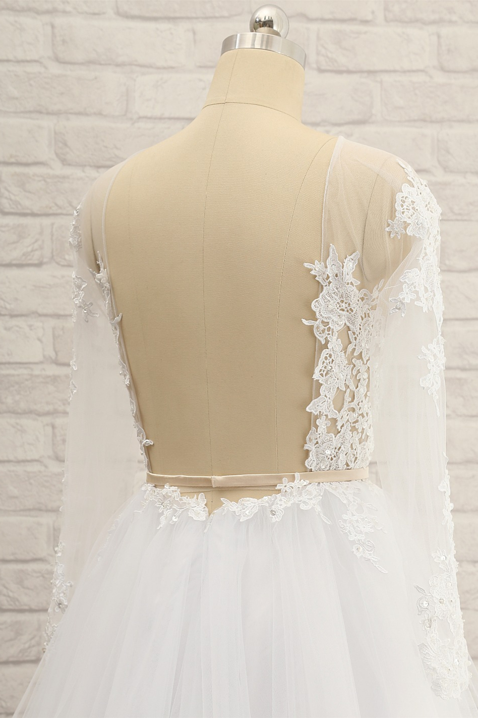 BMbridal Affordable White Tulle Ruffles Lace Wedding Dresses Jewel Longsleeves Bridal Gowns With Appliques On Sale-BMbridal