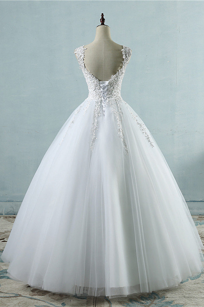 BMbridal Glamorous V-Neck Tulle Lace Beadings Wedding Dress Appliques Tulle Bridal Gowns with Rhinestones-BMbridal