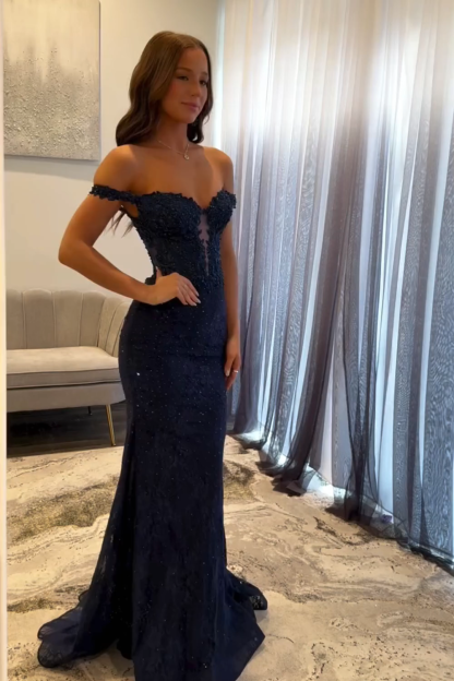 Navy Prom Dress Off The Shoulder Mermaid Long Lace Formal Dress