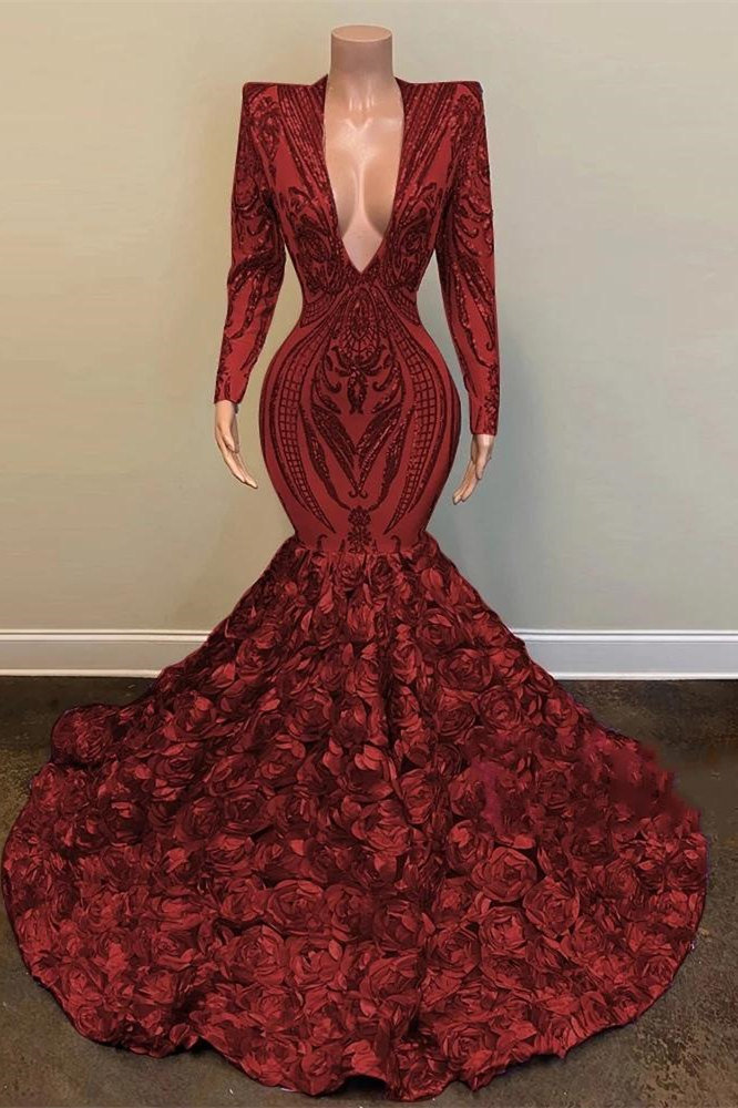 Bmbridal Long Sleeves Prom Dress Mermaid Burgundy V-Neck With Flowers Bottom