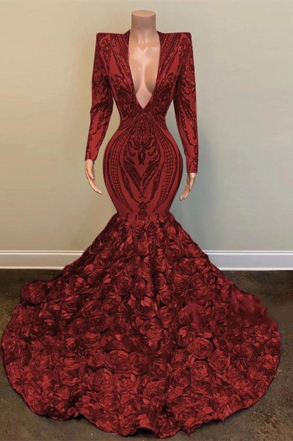 Bmbridal Long Sleeves Prom Dress Mermaid Burgundy V-Neck With Flowers Bottom