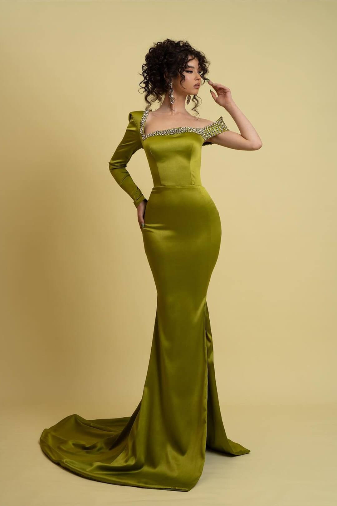 Elegant Mermaid Square Long Sleeve Beading Satin Split With Train Prom Dresses