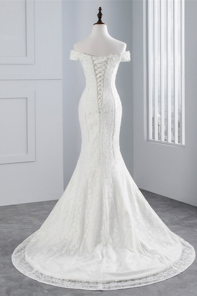 BMbridal Elegant Lace Off-the-Shoulder White Mermaid Wedding Dresses Affordable Online