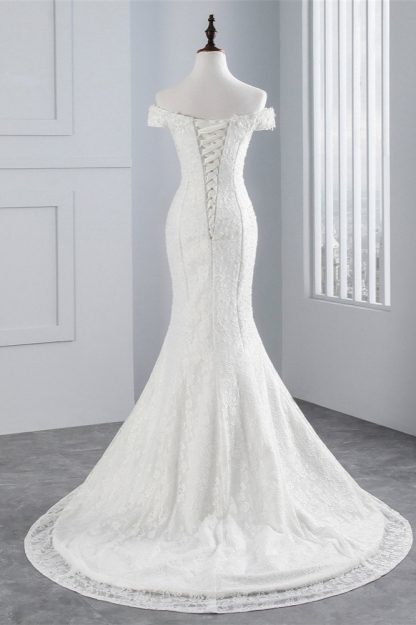 BMbridal Elegant Lace Off-the-Shoulder White Mermaid Wedding Dresses Affordable Online