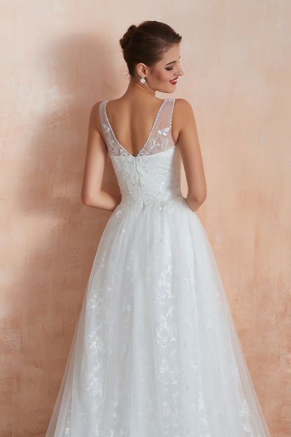 BMbridal Affordable V-Neck Tulle Lace Long White Wedding Dresses Online