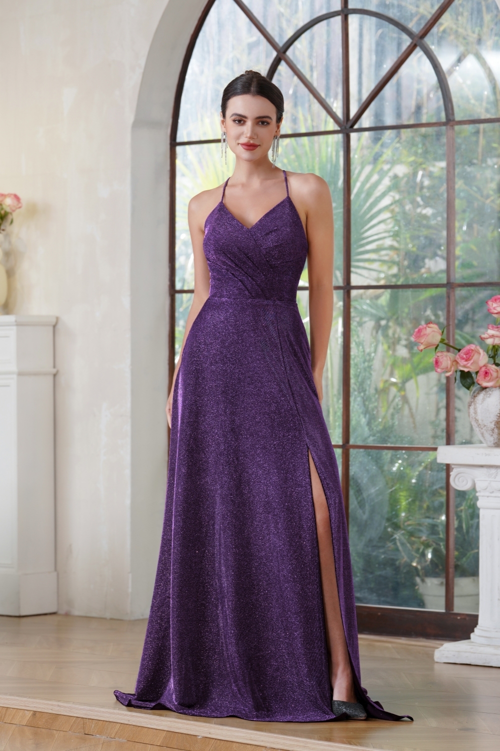 Vintage A-Line Polyester Lurex Fabric V-Neck Sleeveless Darkbrown Prom Dress With Pocket Split