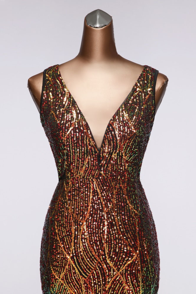 BMbridal Luxury V-Neck Backless Sequins Mermaid Prom Dresses with Front Slit