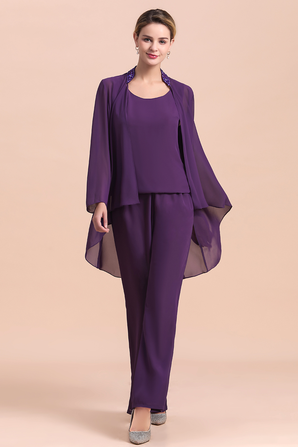 BMbridal Affordable Straps Beading Grape Chiffon Mother of Bride Jumpsuit Online with Wrap-BMbridal