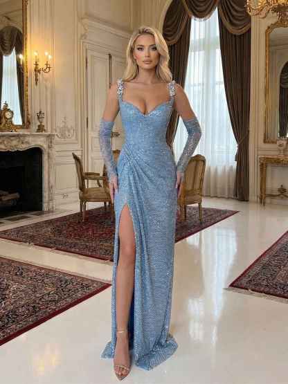 Light Blue Sequin Mermaid Matching Opera Gloves Long Prom Dress with Slit