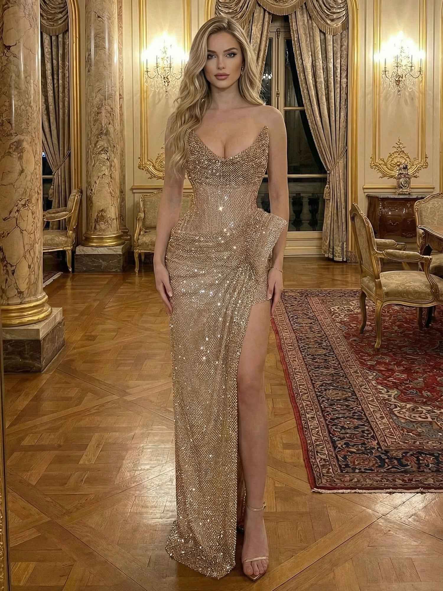 Champagne Gold Crystal-Embellished Corset Long Prom Dress with Slit