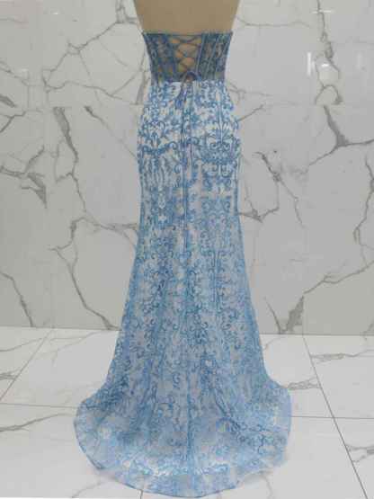 Blue Strapless Pearl Beaded Corset Ruched Long Prom Dress