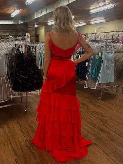 Fuchsia Mermaid Spaghetti Straps Ruffles Long Prom Party Dress