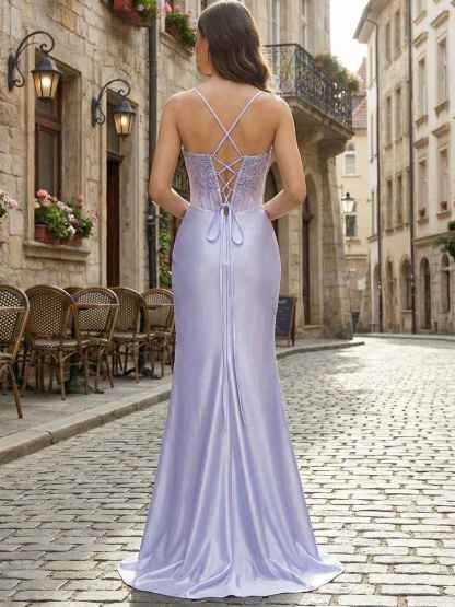 Lilac Lace Applique| Satin Corset Prom Dress with Slit
