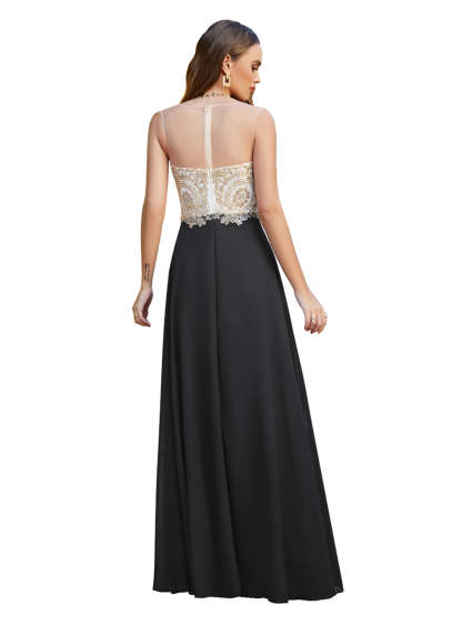 A-line Scoop Chiffon Appliques Floor-Length Dresses Dark Navy-BMbridal
