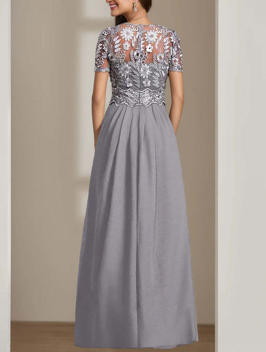 Floor-Length Round Neck Stretch Chiffon Mother of the Bride Pantsuit with Short Sleeves and Appliques Lace-BMbridal