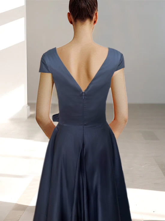 V-Neck A-Line Princess Ankle-Length Mother of the Bride Dress With Short Sleeves Pockets & Ruffles-BMbridal