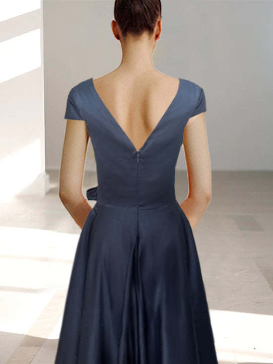 V-Neck A-Line Princess Ankle-Length Mother of the Bride Dress With Short Sleeves Pockets & Ruffles-BMbridal