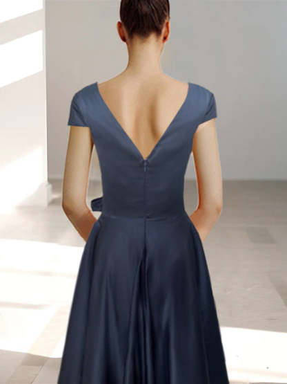 V-Neck A-Line Princess Ankle-Length Mother of the Bride Dress With Short Sleeves Pockets & Ruffles-BMbridal