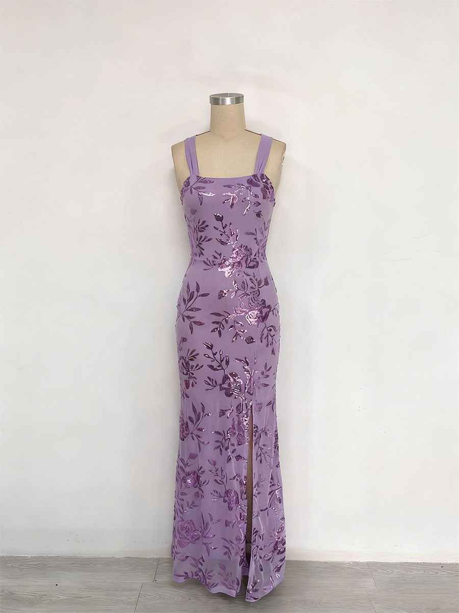 Lavender Square Neckline Floral Sequin Column Prom Dress with Wide Straps