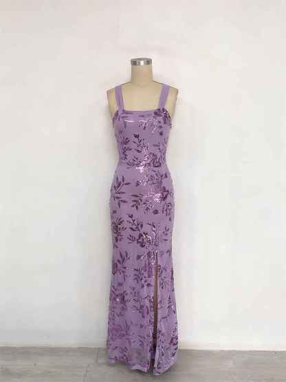 Lavender Square Neckline Floral Sequin Column Prom Dress with Wide Straps