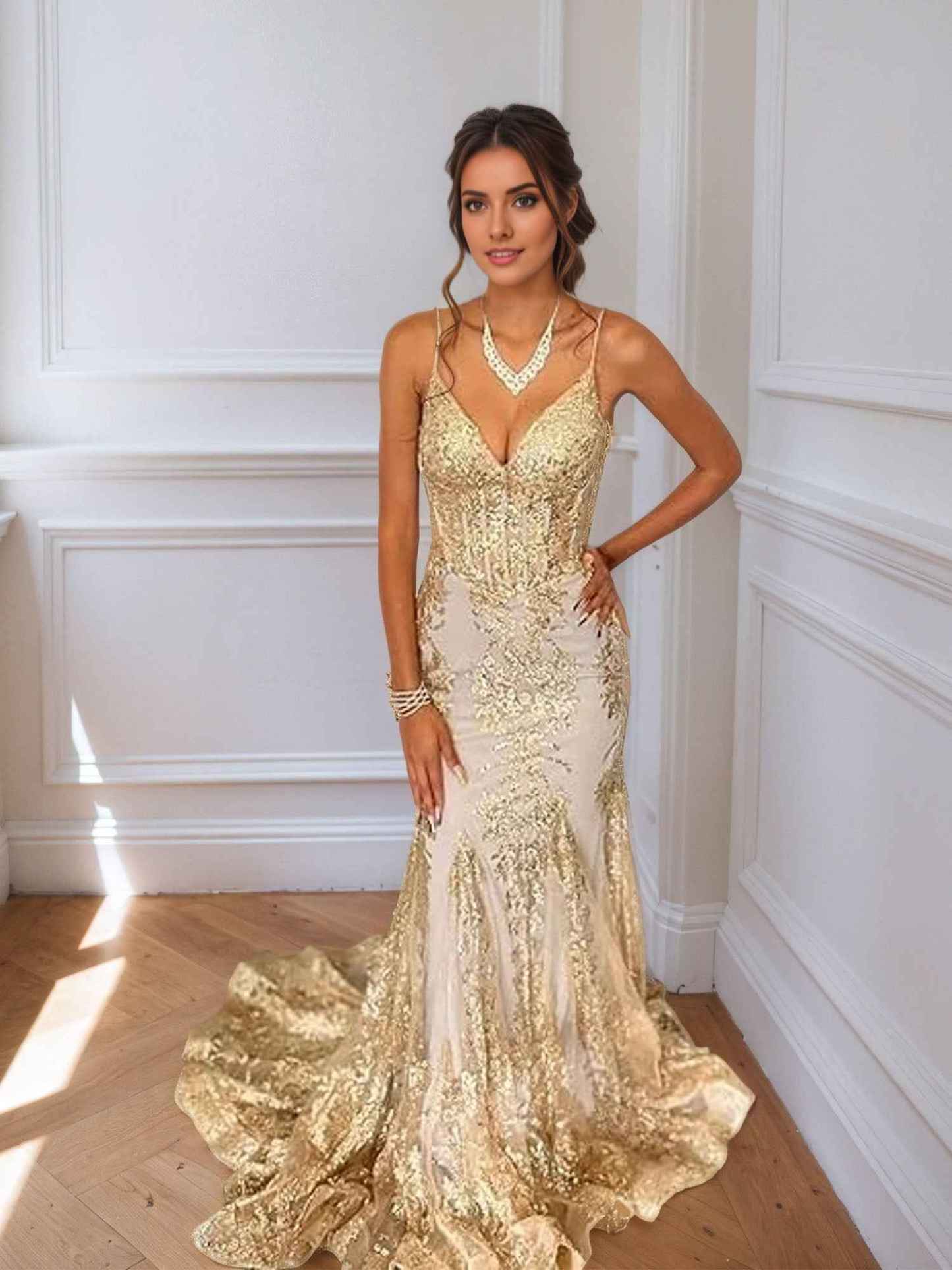 Trumpet/Mermaid Spaghetti Straps Sparkly Sequin Lace Applique Long Prom Dress