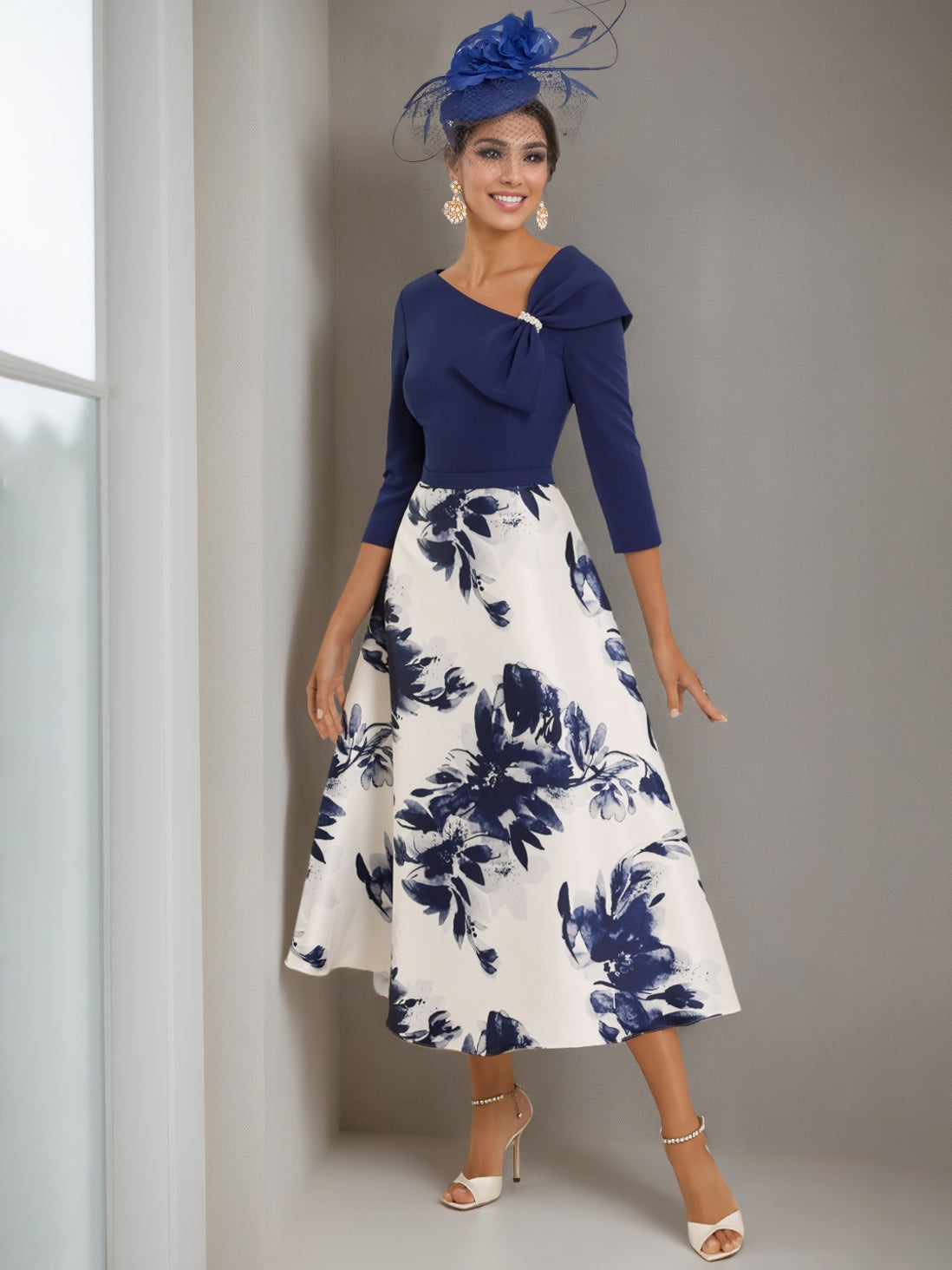 V-Neck A-Line Princess Tea-Length Mother of the Bride Dress with 3/4 Sleeves and Rhinestone Flower Print-BMbridal