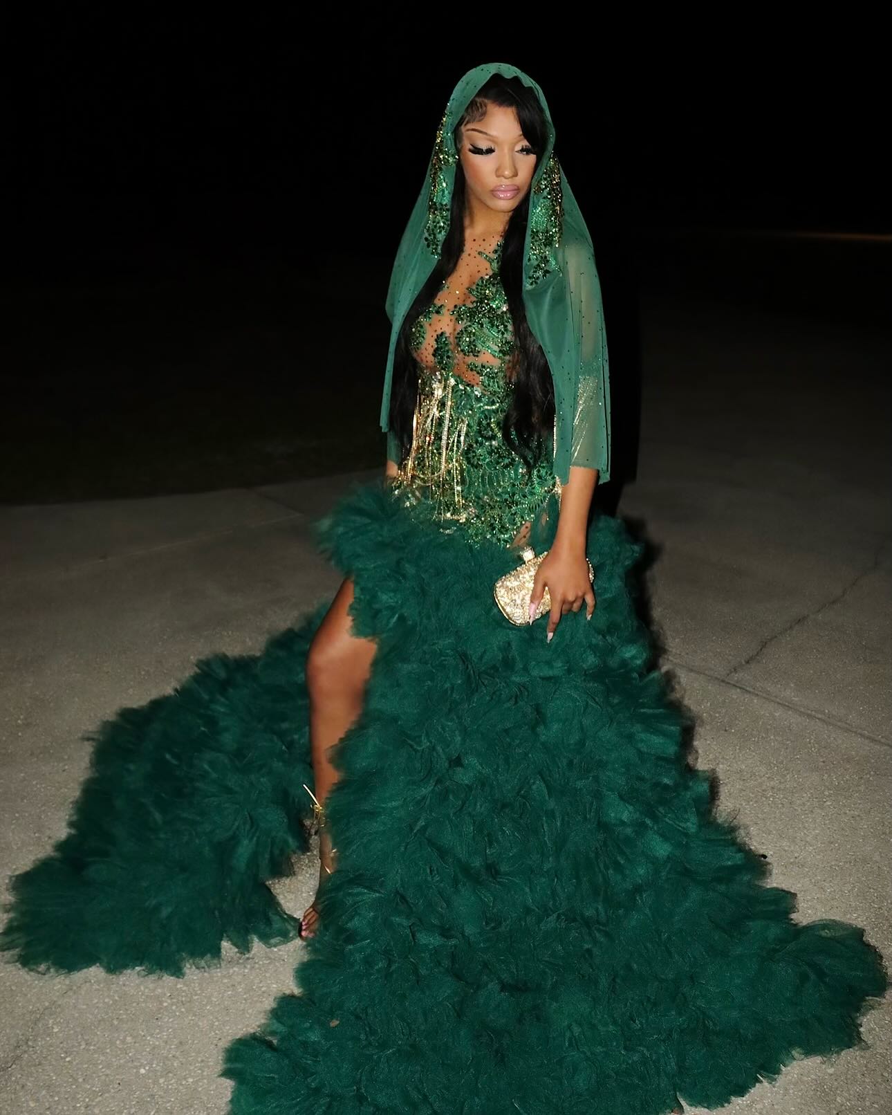 Emerald Green Hooded Prom Dress for Black Girls - Sparkly Sequined Bodice with Extra Puffy Ruffle Tulle Train