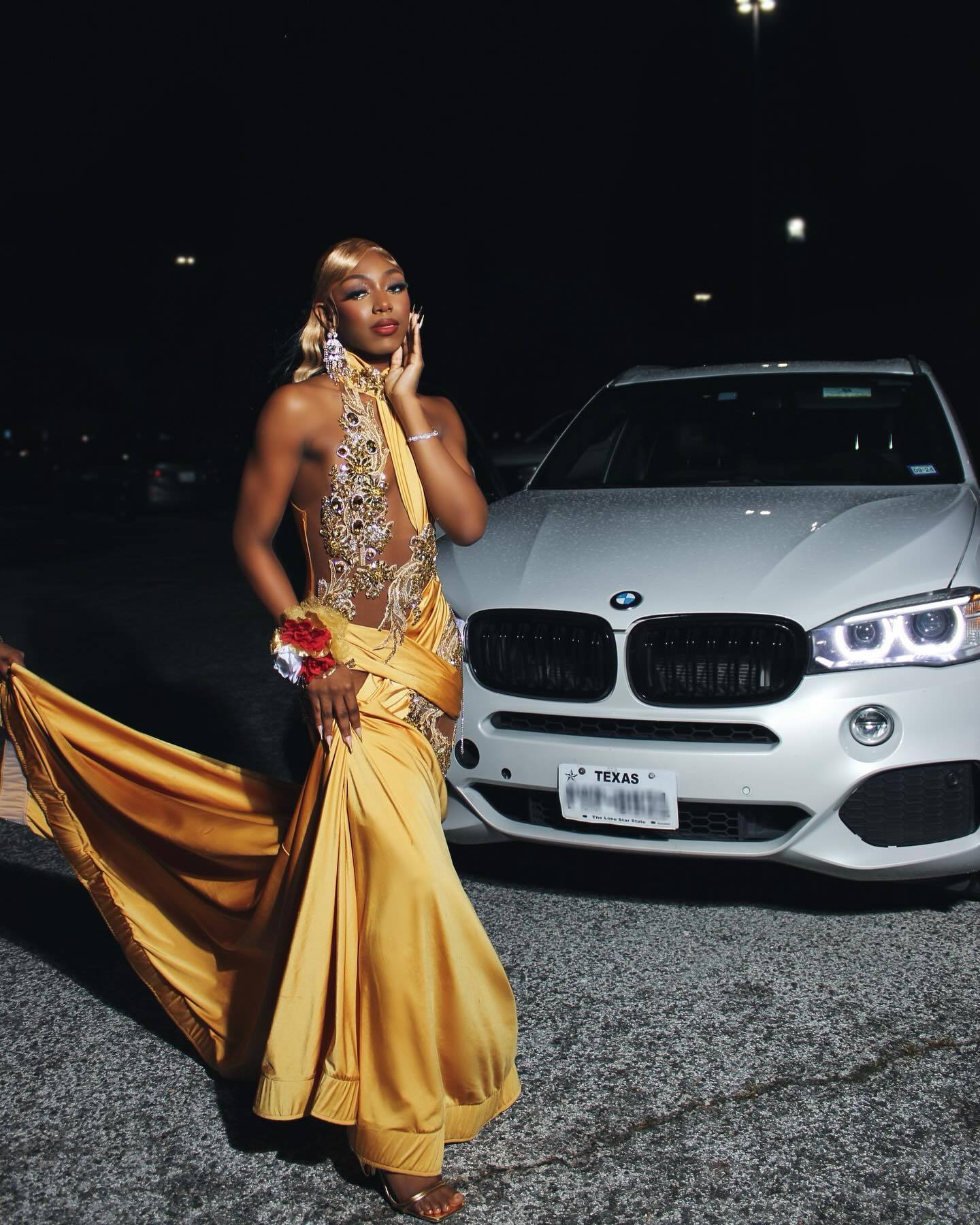 Regal Golden Yellow Mermaid Prom Dress with 3D Embroidery & Illusion Cut-outs – Asymmetrical One-Shoulder Back | Custom Made High-End Evening Gown