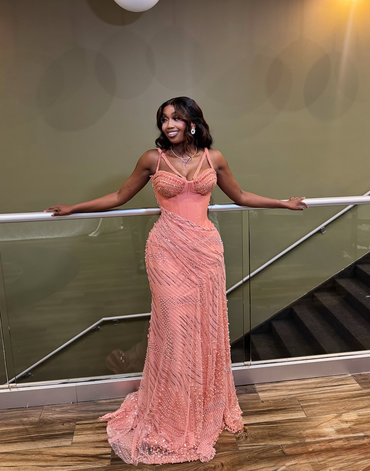 Peach Sorbet Sculptural Corset Gown - Luxury Pearl-Beaded Mermaid Prom Dress