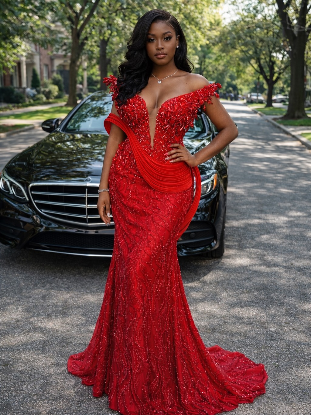 The Scarlet Empress: 3D Sculptural Beaded Mermaid Gown in Power Red