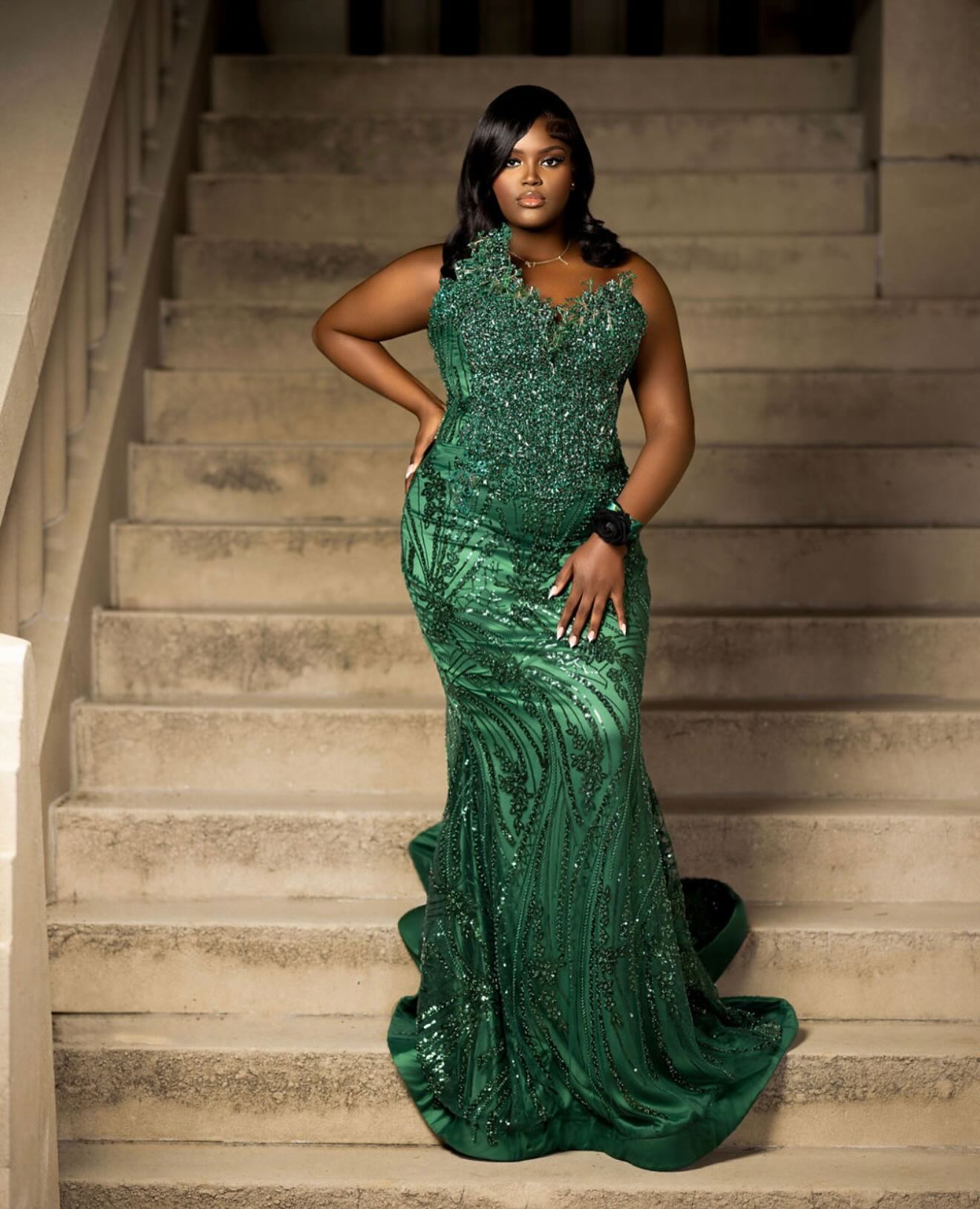 Emerald Dream One-Shoulder Sequin Beaded Mermaid Prom Dress