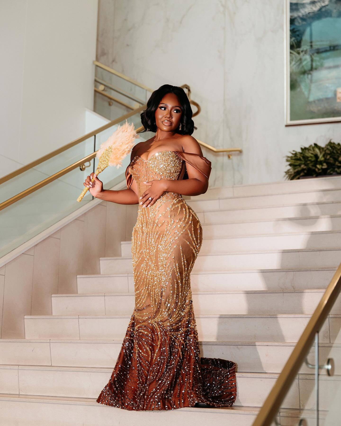 Golden Sunset - Ombre Beaded Mermaid Prom Dress with Feather Trim