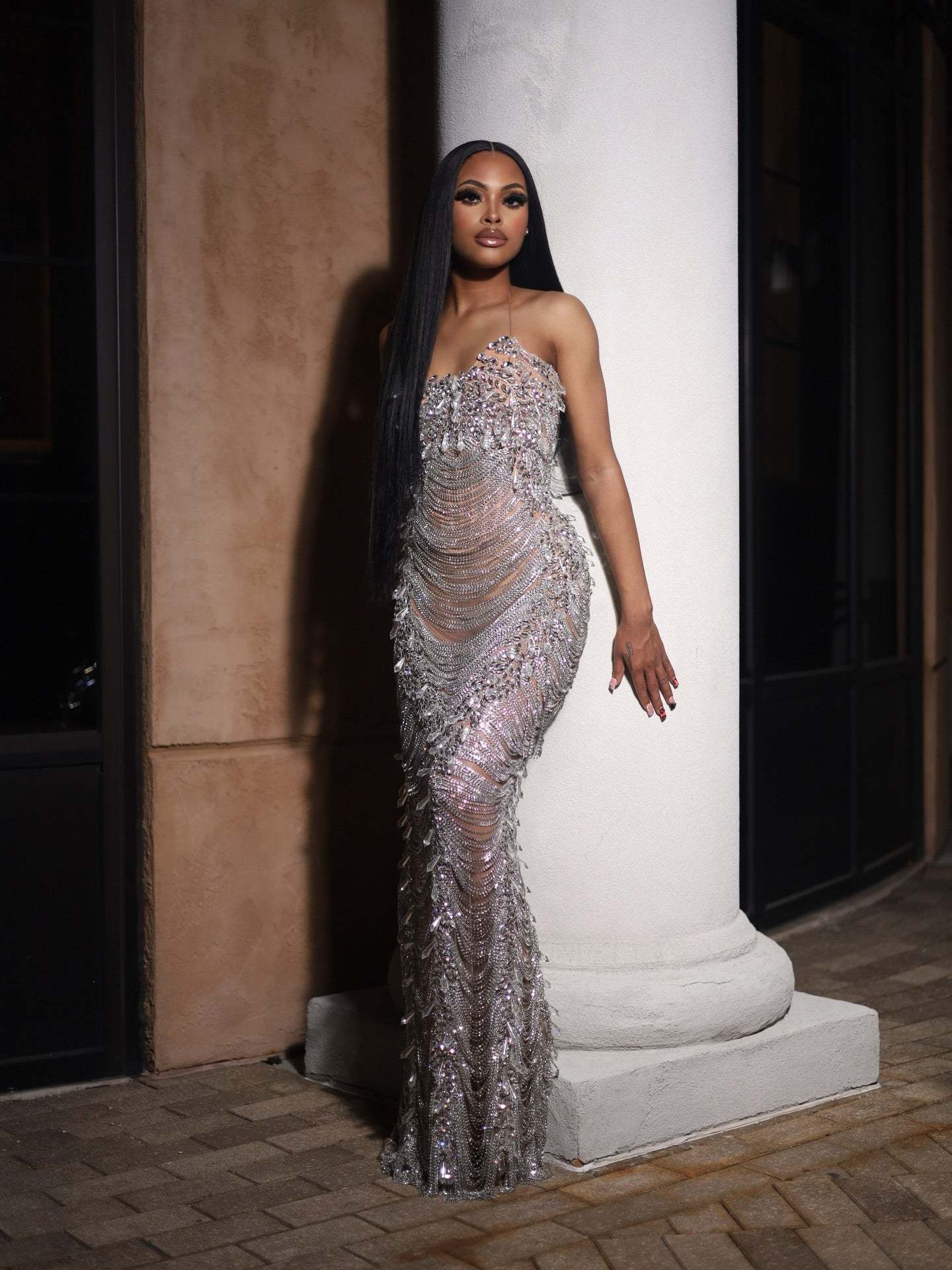 The Diamond Empress - 2026 Luxury Silver Crystal Fringe Illusion Mermaid Gown: Strapless Sweetheart with Crystal Chain Draping, Sheer Bodice & Sweep Train