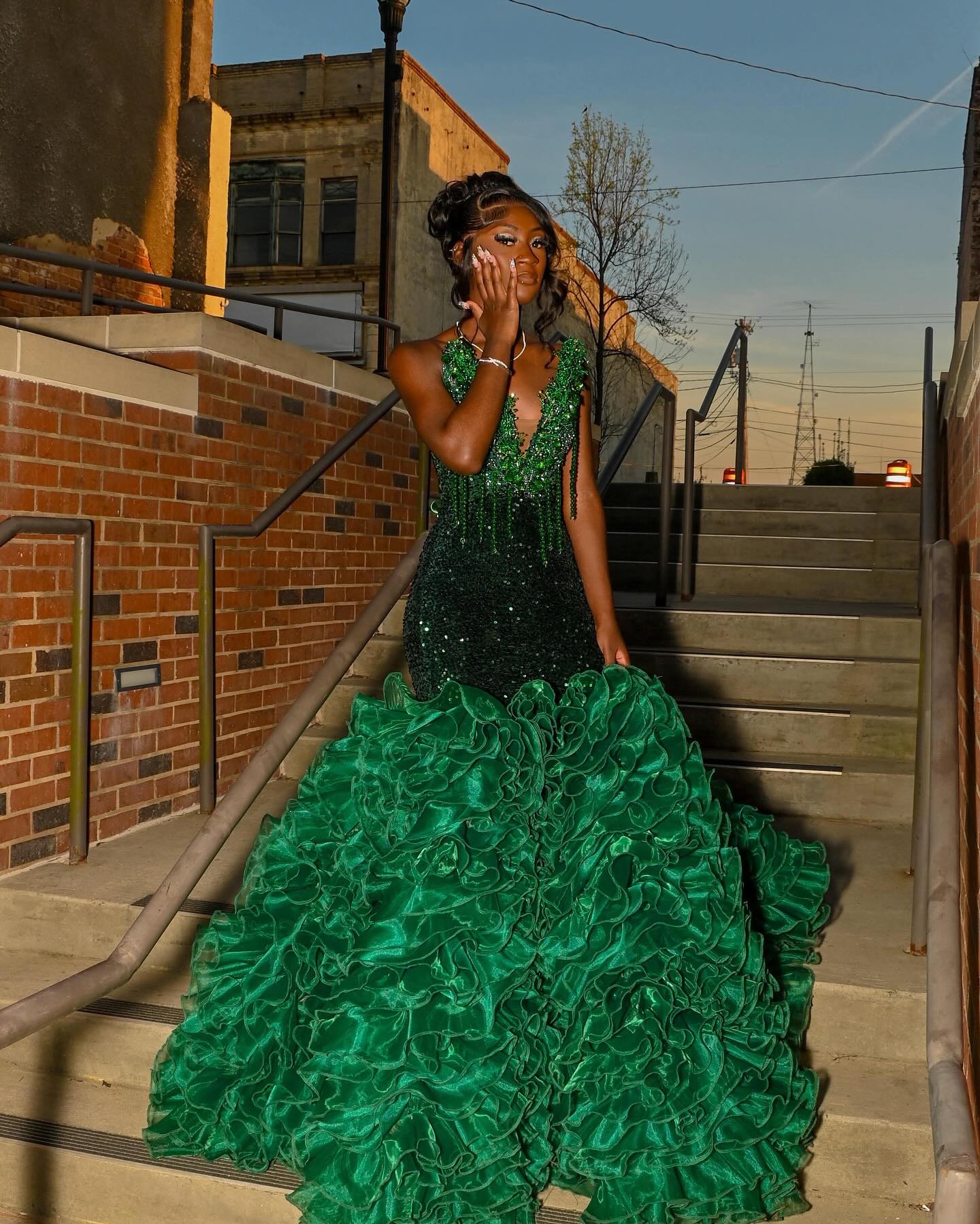 Emerald Forest Royale - 2026 Deep Green Sequin Mermaid Gown with Corset Back & Cloud-Ruffle Train
