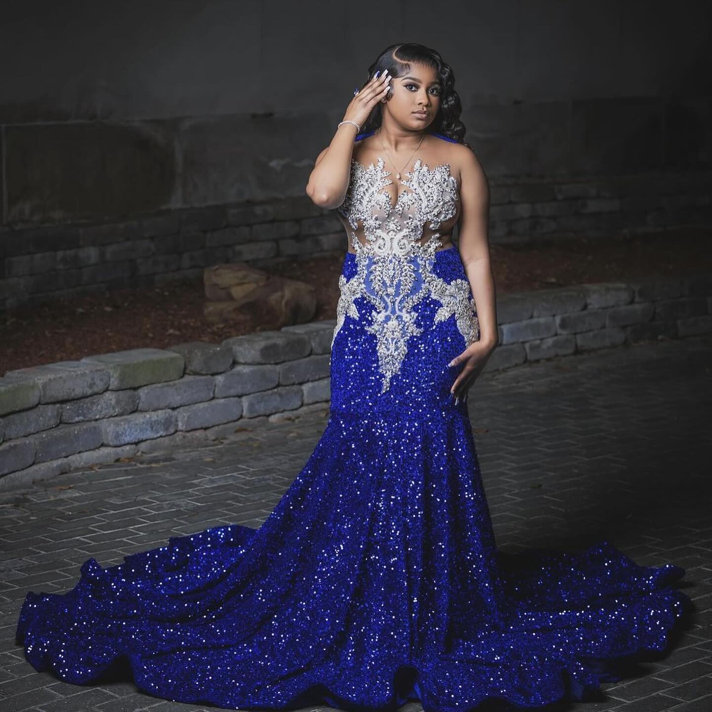 Sapphire Stellaris Mermaid Gown - 2026 Royal Blue Sequin & Silver Filigree Illusion Prom Dress
