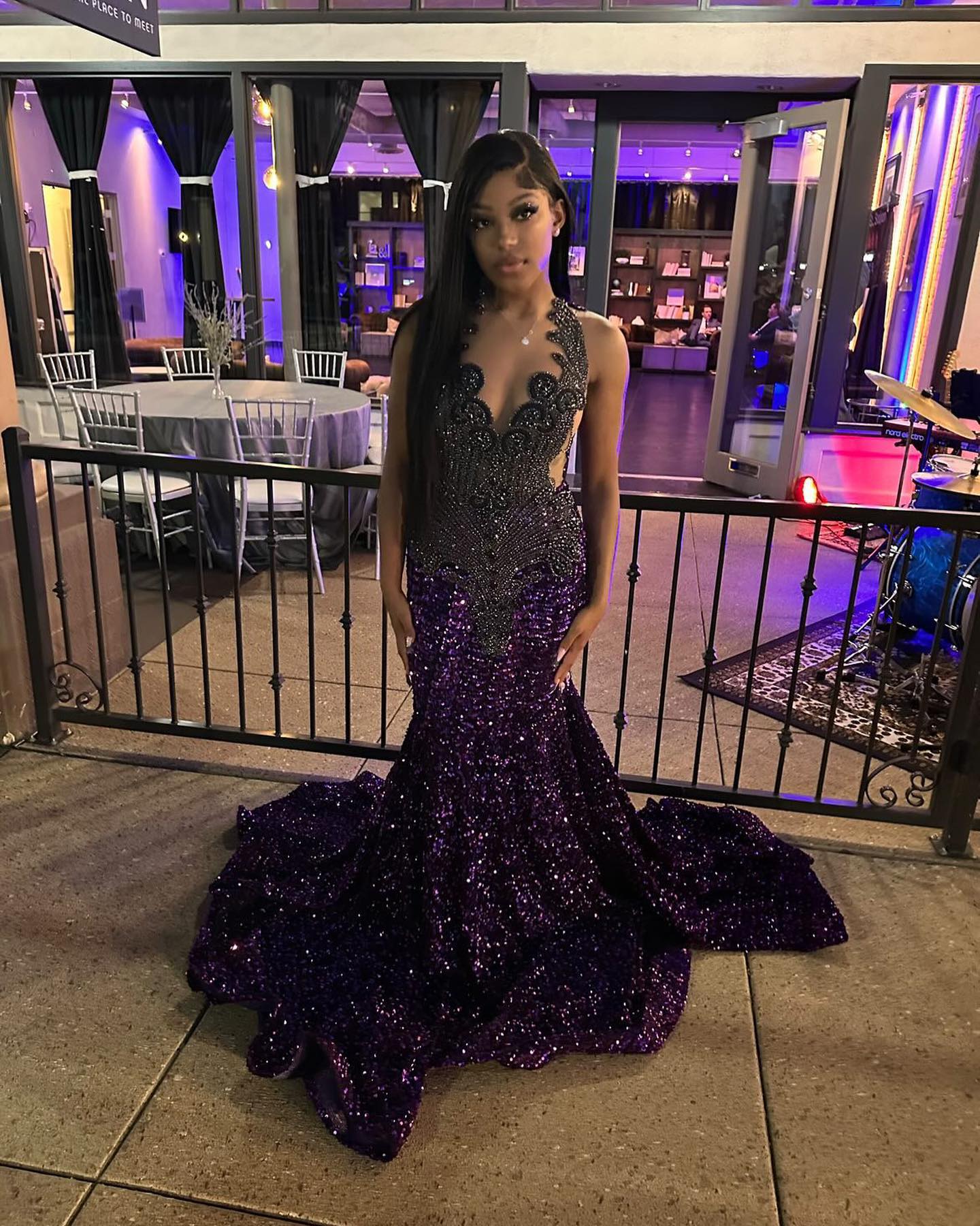 The Midnight Amethyst - 2026 Ombré Mermaid Gown: Black Filigree Lace & Iridescent Purple Sequin Scalloped Train