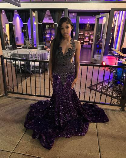 The Midnight Amethyst - 2026 Ombré Mermaid Gown: Black Filigree Lace & Iridescent Purple Sequin Scalloped Train